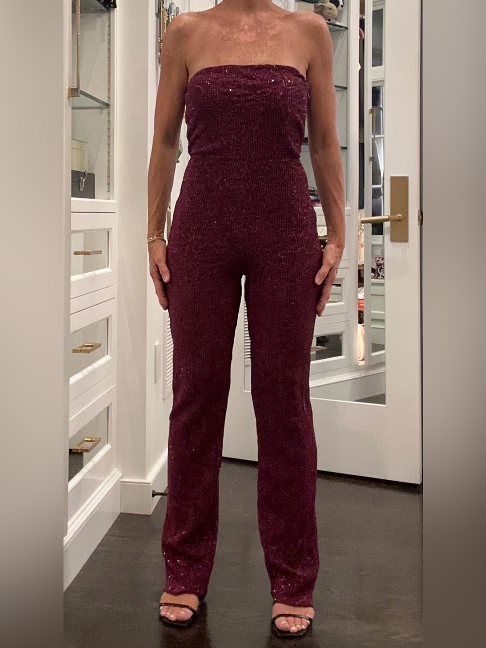 Strapless Jumpsuit Stretchy Burgundy Sequin Sparkle size XS